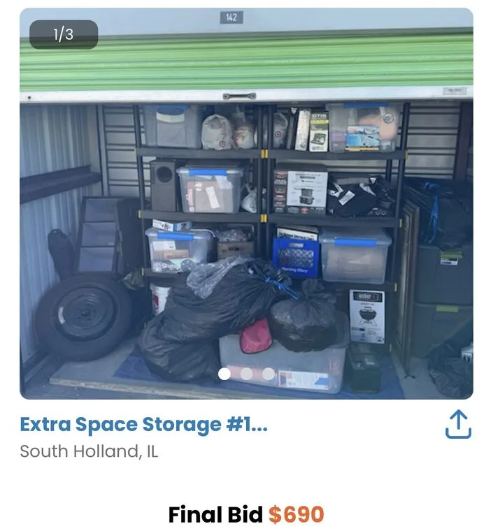 Auction app screenshot: Extra Space Storage unit in South Holland, IL — final bid $690